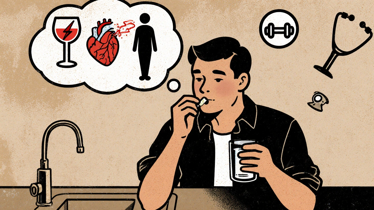 Man taking a pill at kitchen counter with thought bubble showing blood flow to silhouette, surrounded by health icons.