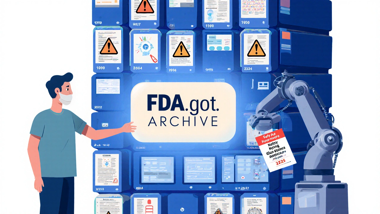 Patient and caregiver reaching for an archive button projecting evolving drug warnings from 1990 to 2024.