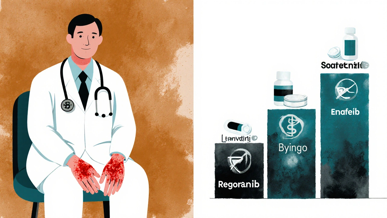 Patient with skin reaction beside a timeline of cancer drugs evolving from sorafenib.