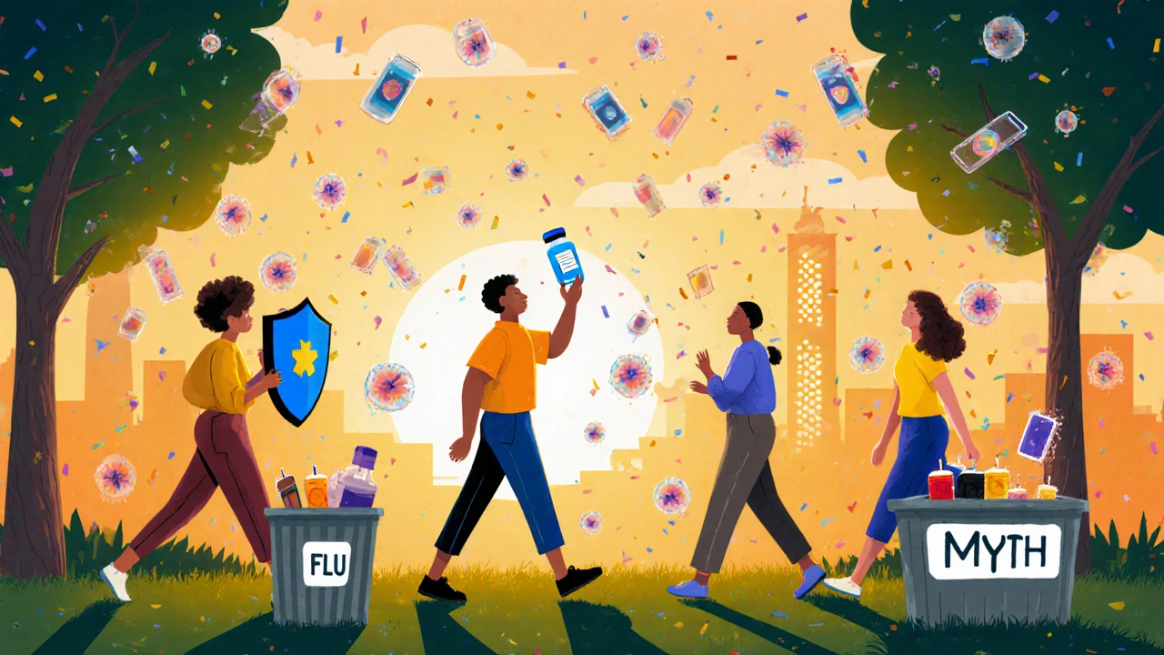 People walking and breathing in a park, holding a vaccine like a shield.