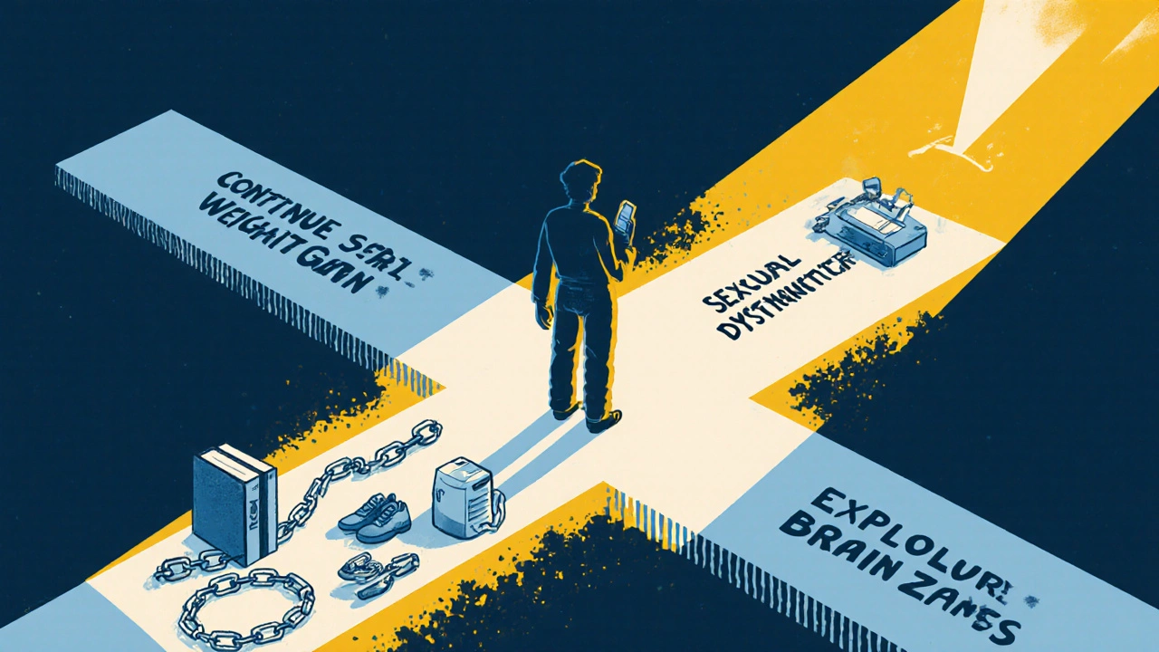 Person at crossroads between SSRI side effects and alternative treatments like therapy and exercise.