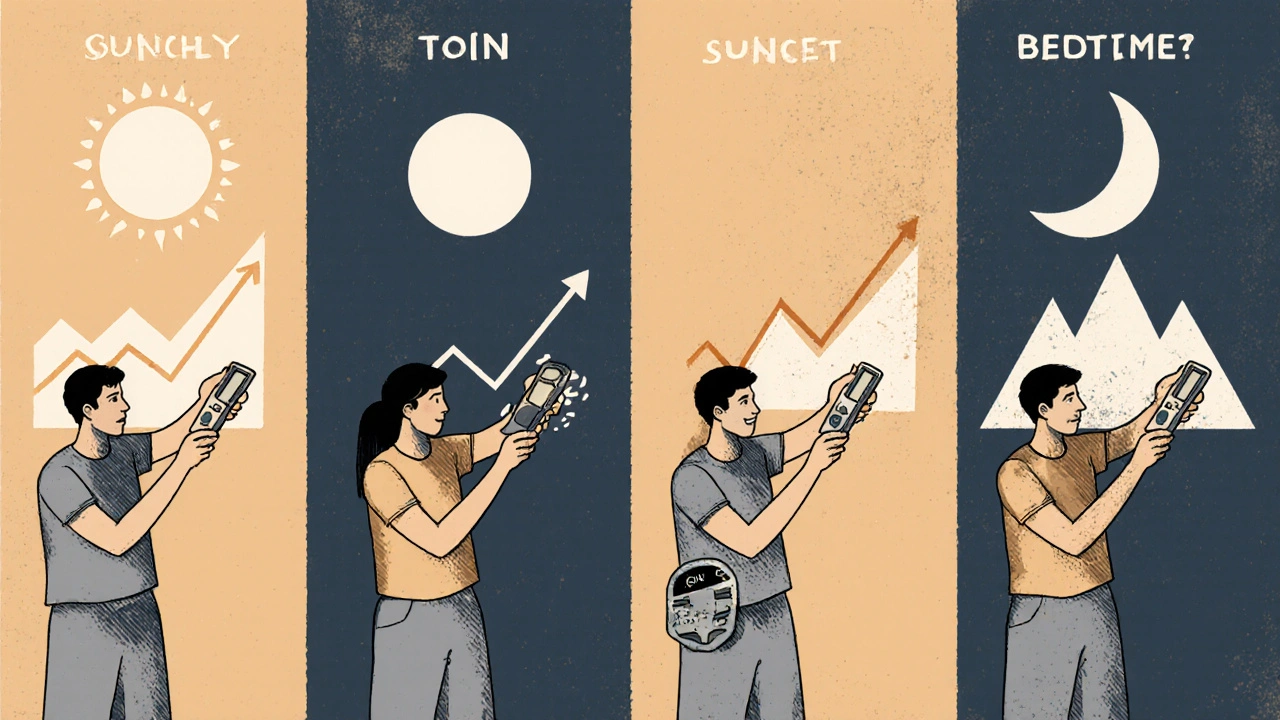 Person checking blood sugar at four times of day with rising glucose graph peaking at lunchtime.