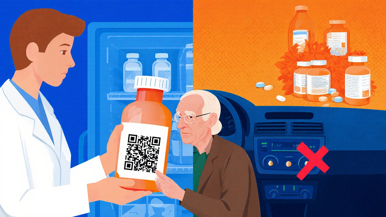 Pharmacist gives large-print label to elderly patient while showing proper vs. improper storage.