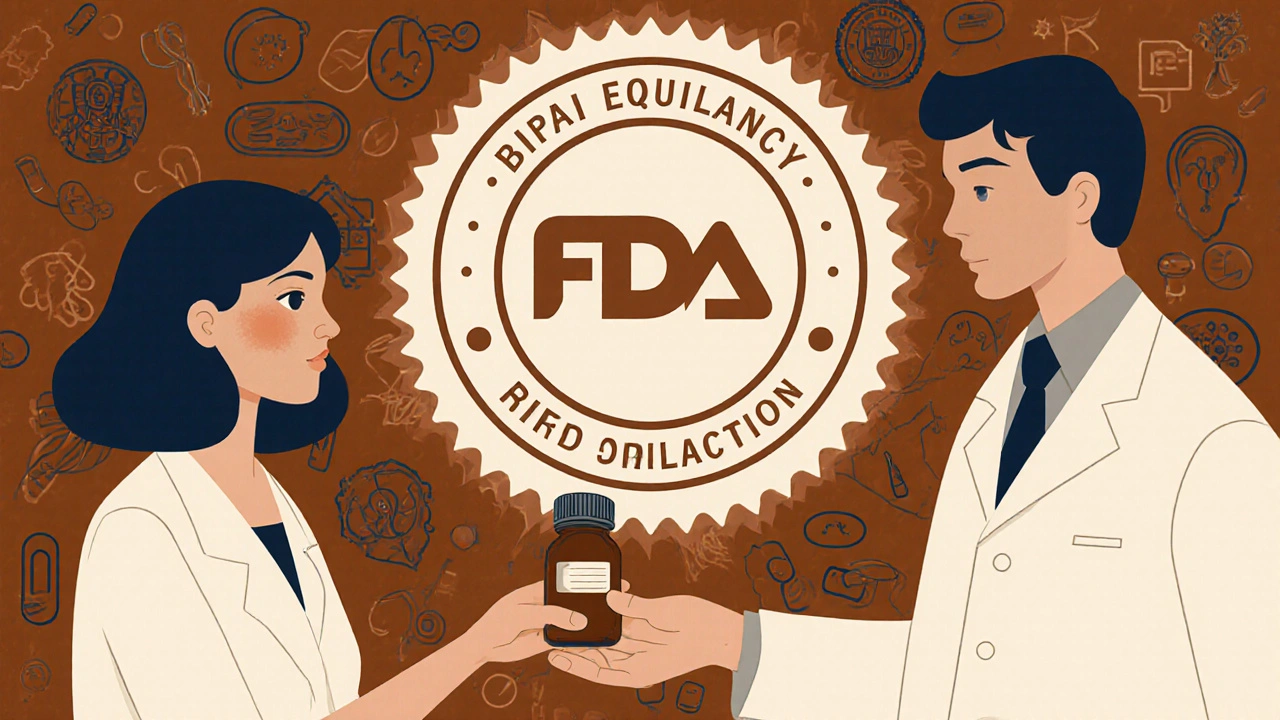 Pharmacist giving a pill bottle to a patient, with FDA seal and medical icons in the background.