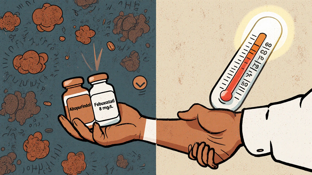 Pharmacist giving gout medication as urate levels drop, contrasting chaotic and calm joint states.