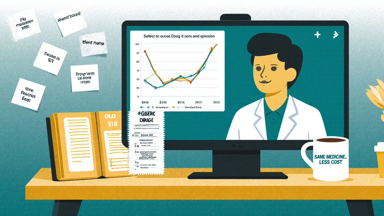 Pharmacist on video call with cost comparison graph, FDA book and receipt on desk.