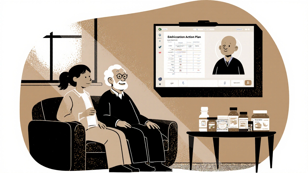 Pharmacist on video call with senior and family member discussing medications in a home setting.