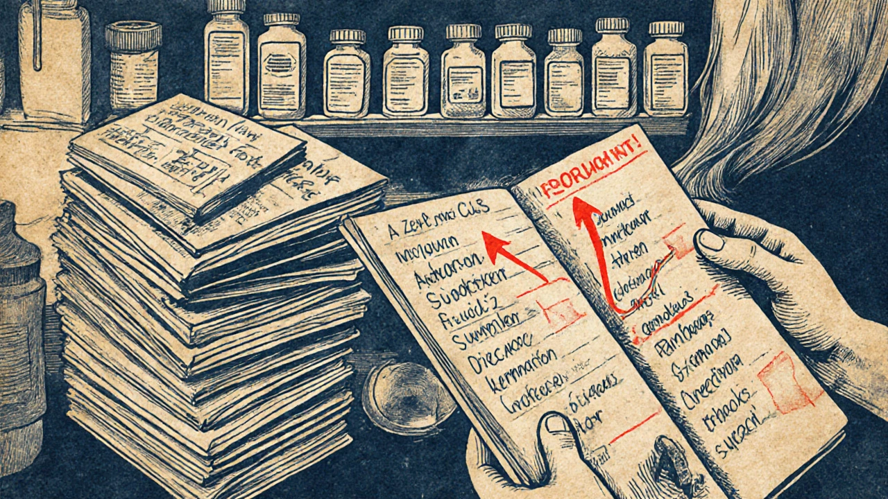 Pharmacist reviewing medication list with patient, red arrows showing dangerous drug interactions.