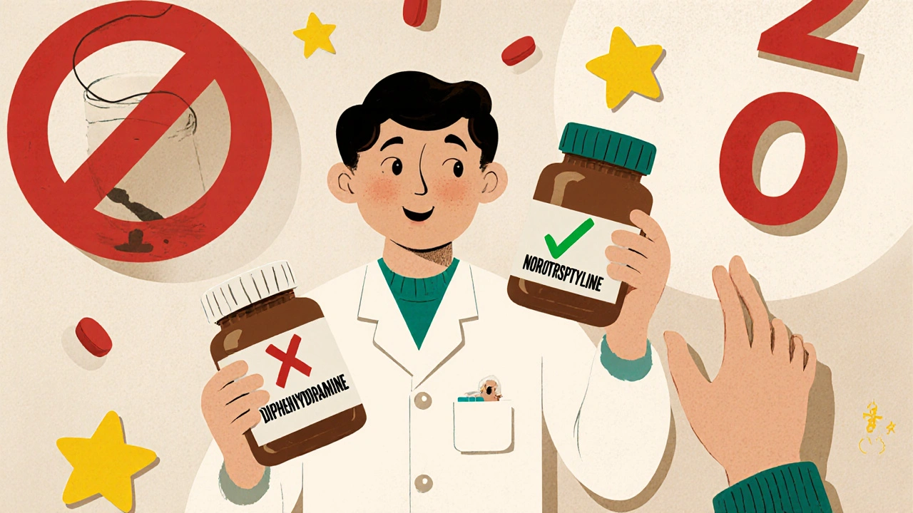 Pharmacist showing safe vs. dangerous pills with ACB scores, elderly hand reaching for safer option.