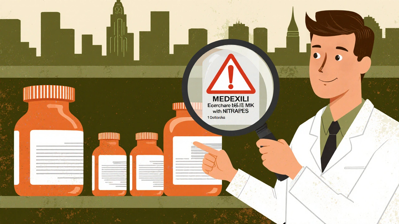 Pharmacy shelf with ED medication bottles and magnifying glass over warning label, pharmacist pointing to Medexil.