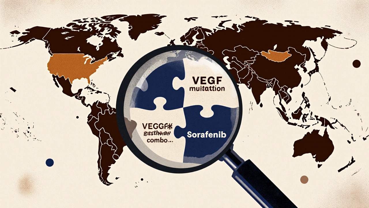 Puzzle pieces of cancer treatment including sorafenib fitting together globally.