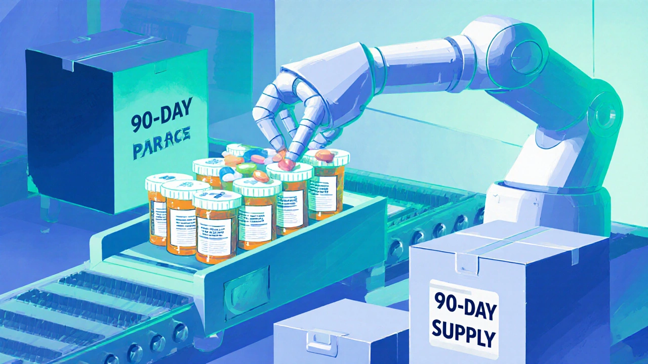 Robotic arm in a warehouse sorting pills into labeled vials for mail-order shipments.