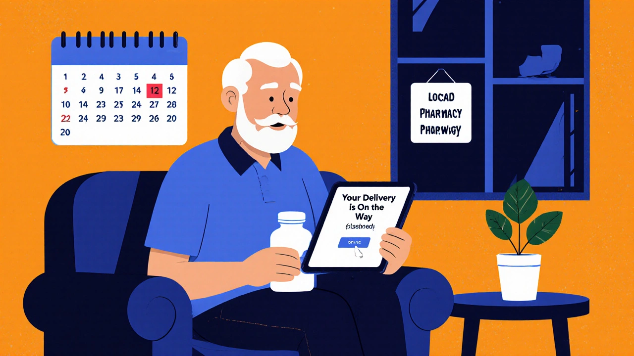 Senior adult with medication bottle and refill calendar, delivery alert on tablet nearby.