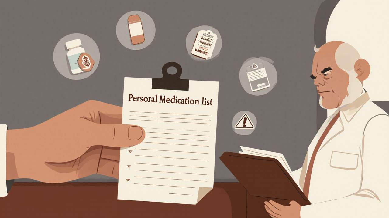 Senior carrying their updated medication list into a doctor’s office with safety icons floating nearby.