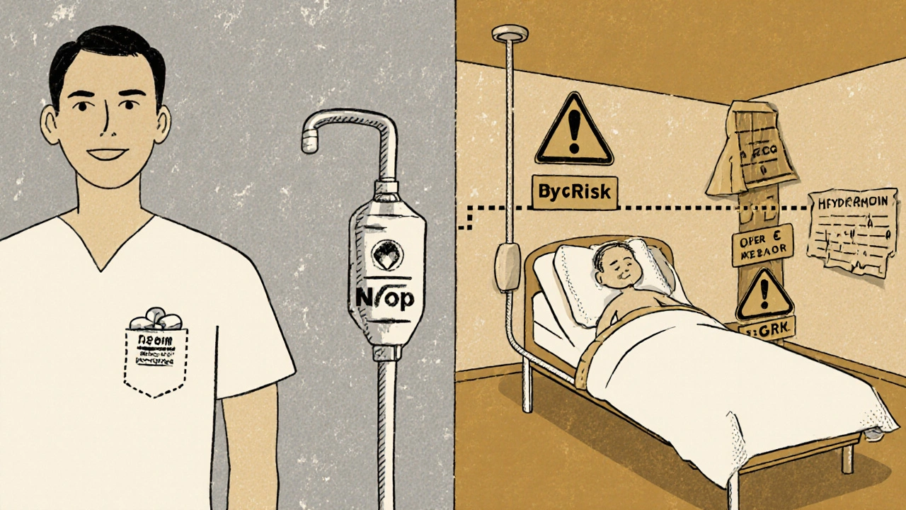 Split illustration: healthy patient with metformin vs. sick patient with risk factors, vintage screenprint aesthetic.