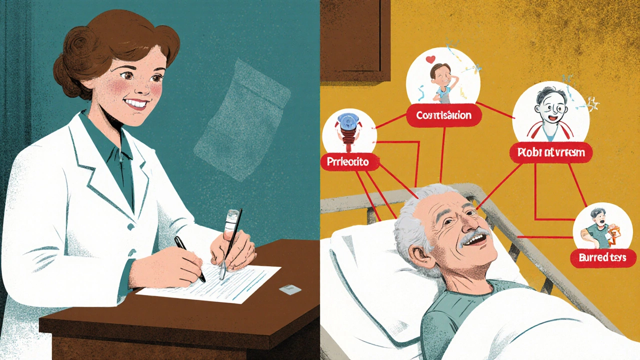 Split image: doctor prescribing Benadryl alongside hospital symptoms like confusion and urinary retention.