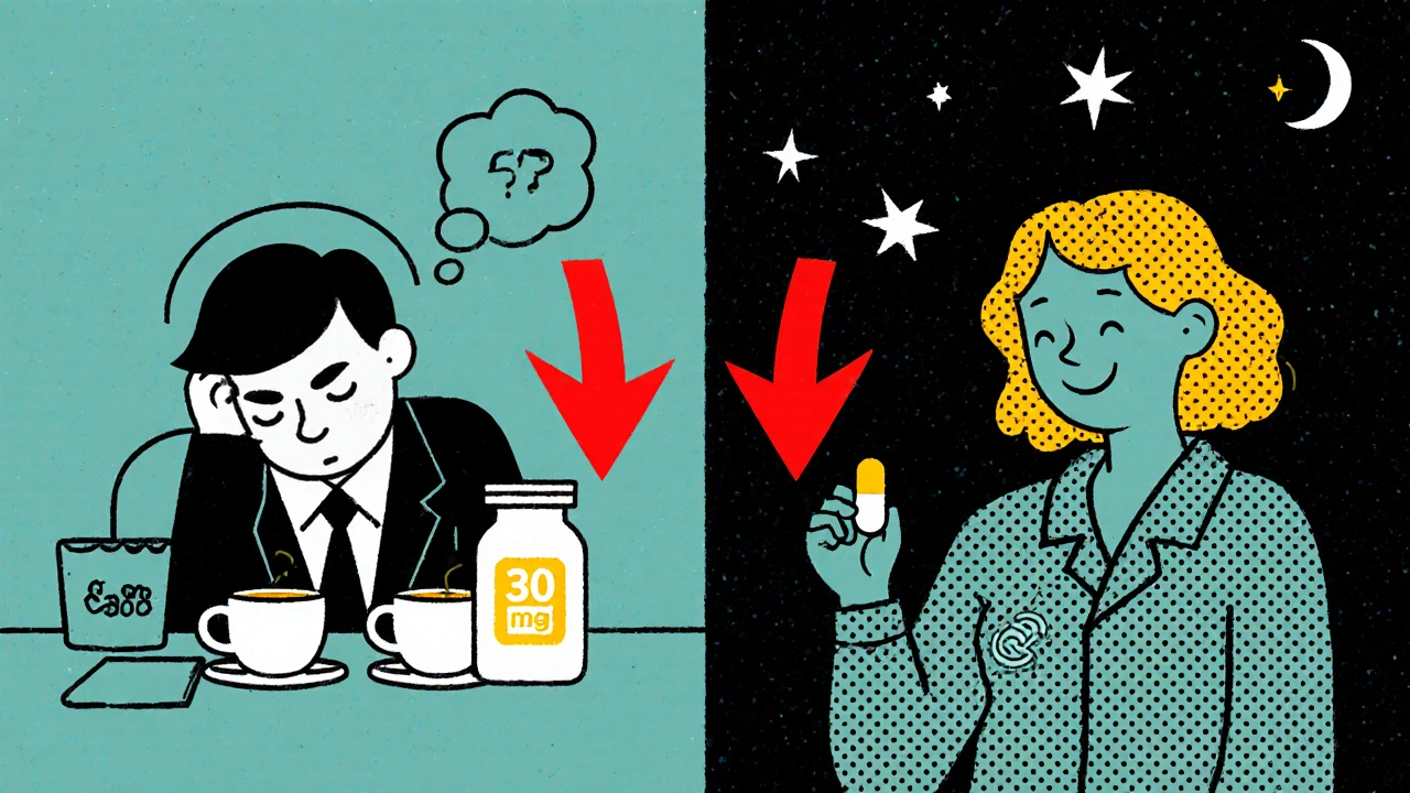Split image: one side shows daytime drowsiness from a 30 mg dose, the other shows nighttime calm with 7.5 mg.