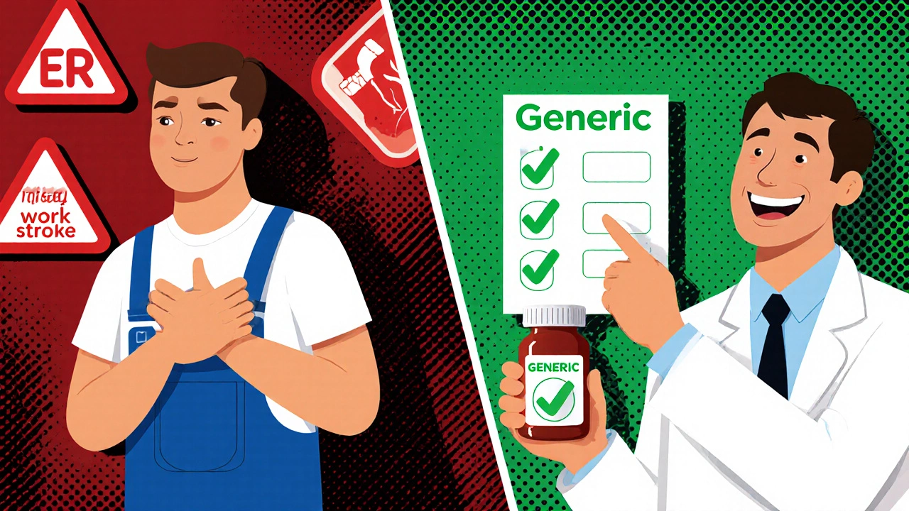 Split scene: worker in distress vs. same worker healthy with pharmacist, showing medication impact.