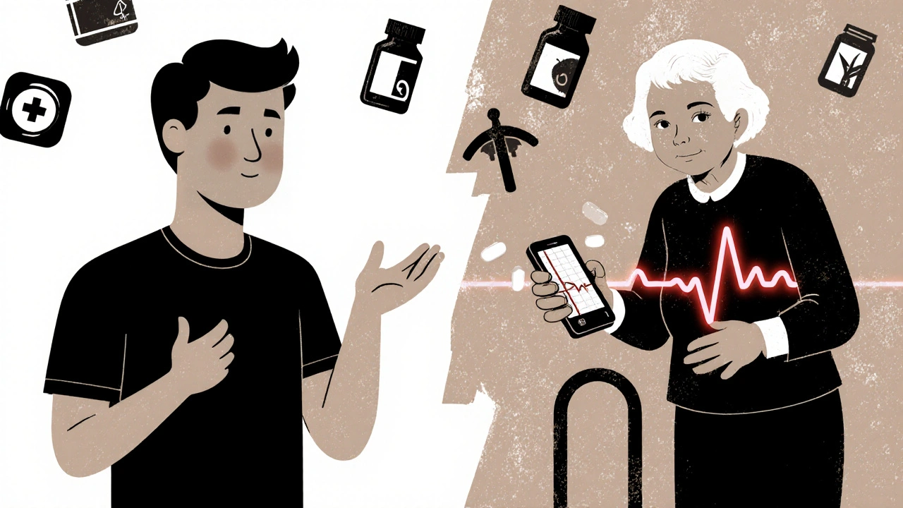 Split scene: young man ignoring risk vs elderly woman getting ECG with multiple medications