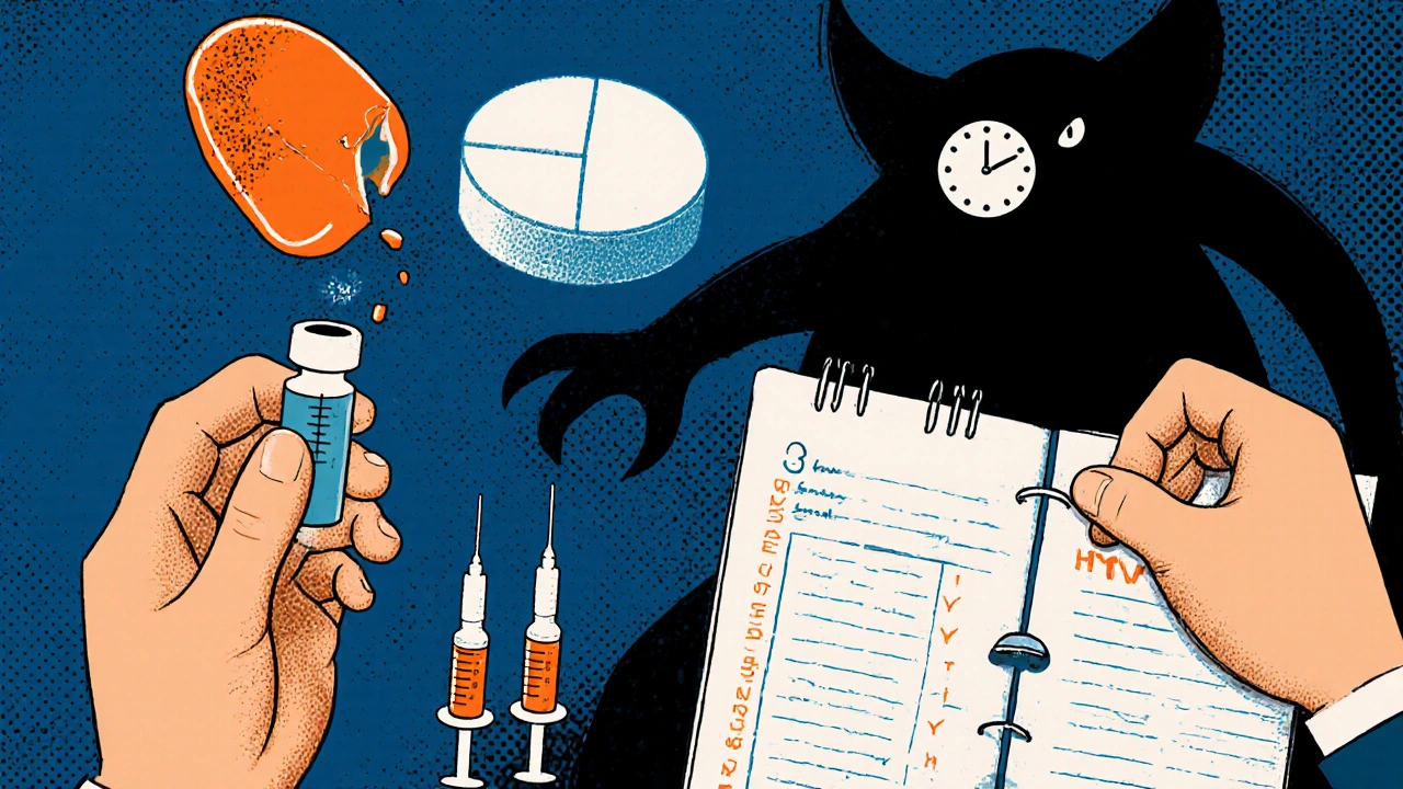 Steroid pill dissolving as insulin syringes shrink, patient logs doses with hypoglycemia shadow nearby.