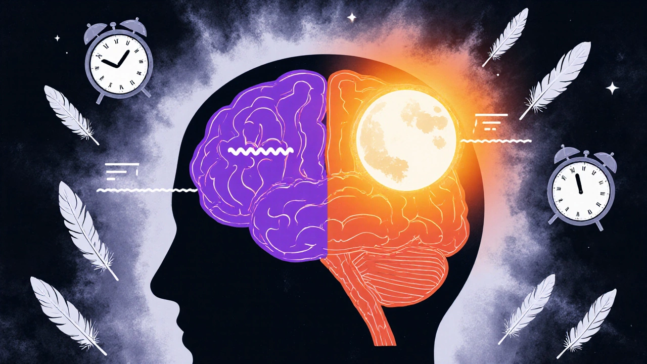 Stylized brain with two pathways: one for sleep (histamine), one for alertness (norepinephrine), showing dose effects.