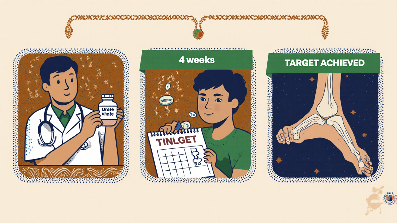 Three-panel timeline showing urate testing, medication, and achievement of target levels.