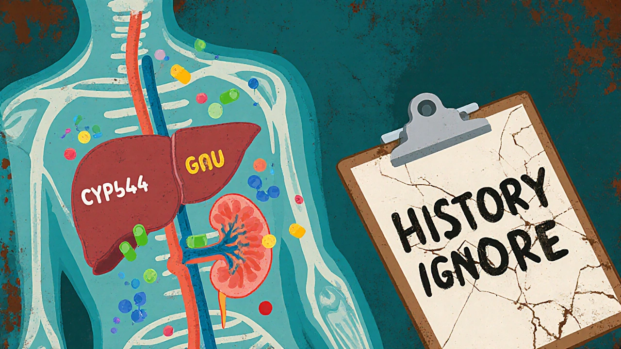 Transparent human torso with gene and enzyme pathways interacting with drug molecules, highlighting genetic risk factors.