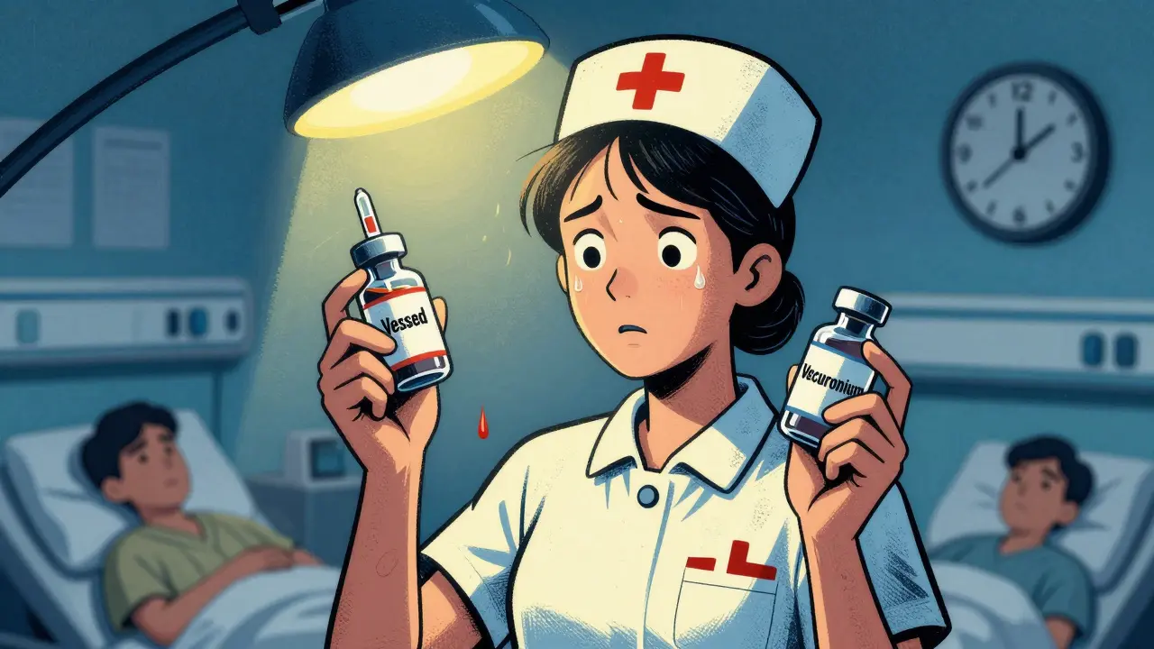 A nurse at night holding two confusing vials, one labeled Versed and the other Vecuronium, under harsh hospital light.