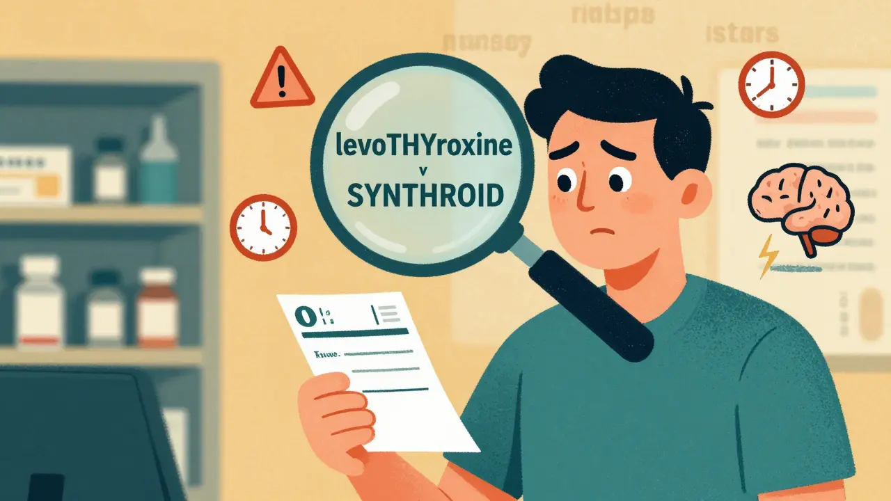A patient examining a pill bottle with a magnifying glass revealing subtle name differences in drug labels.
