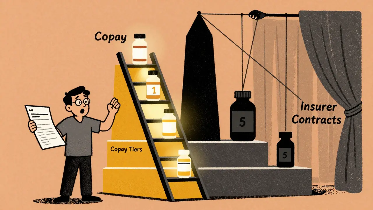 A patient staring at a tiered ladder of drug prices, with hidden contracts pulling strings from behind a curtain.