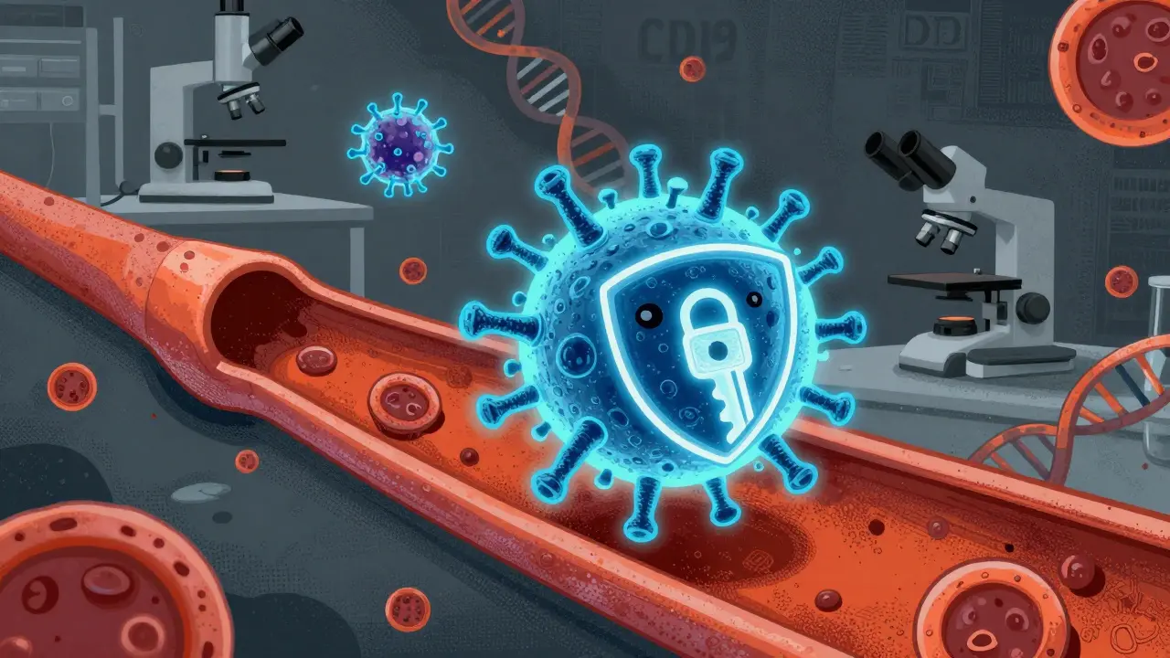 A superhero T cell with a CAR receptor key locking onto cancer cells in a blood vessel.