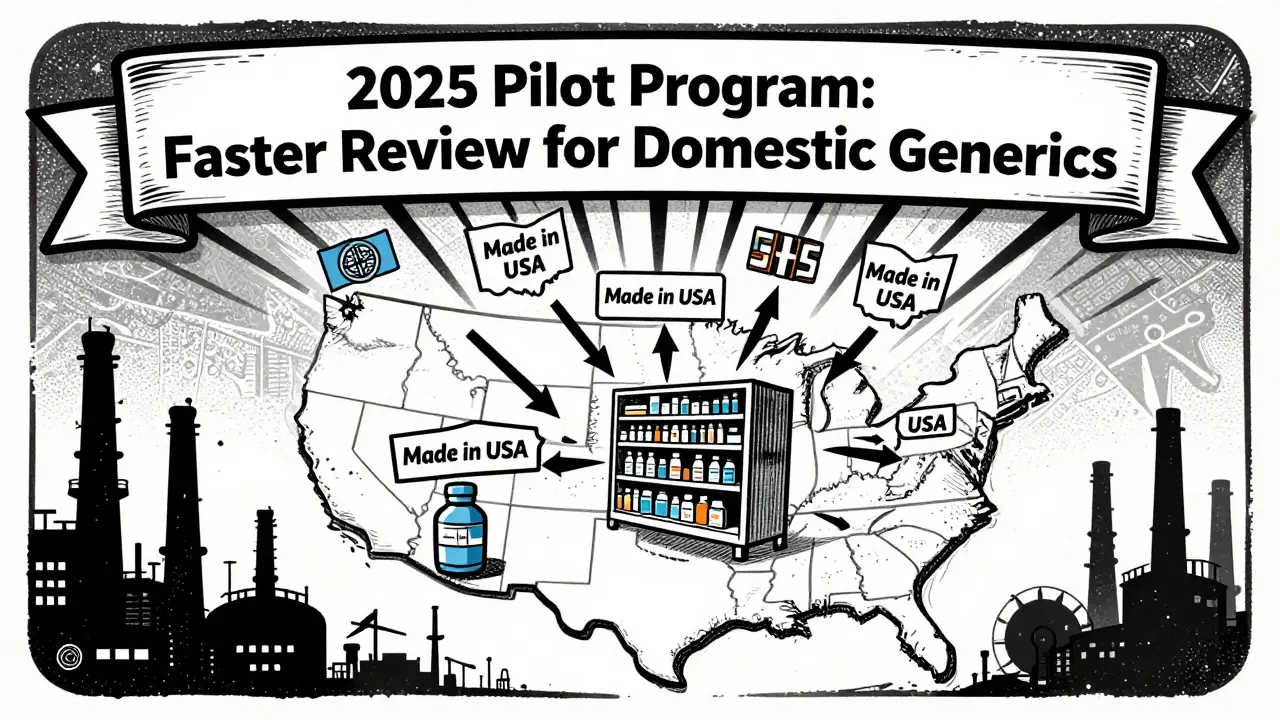 A U.S. map showing domestic generic drug production with priority review banners, contrasting with distant overseas factories.