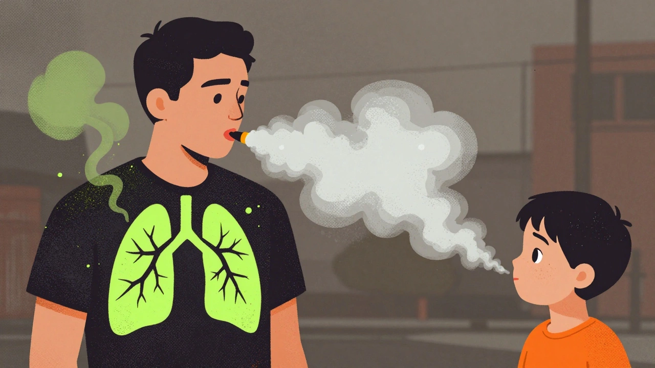 A young person vaping as the cloud turns into damaged lungs, with secondhand vapor drifting toward a child.