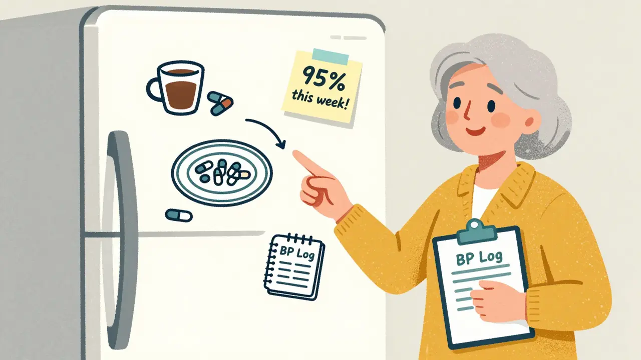 An elderly woman points to a visual medication plan on her fridge with icons for morning and evening pills.