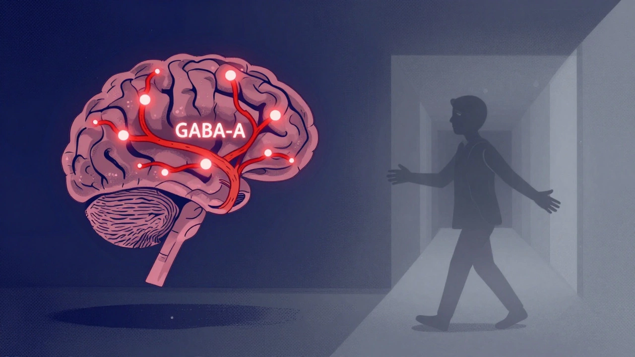 Brain with glowing GABA receptors, figure walking through fog, abstract neurological symbols.