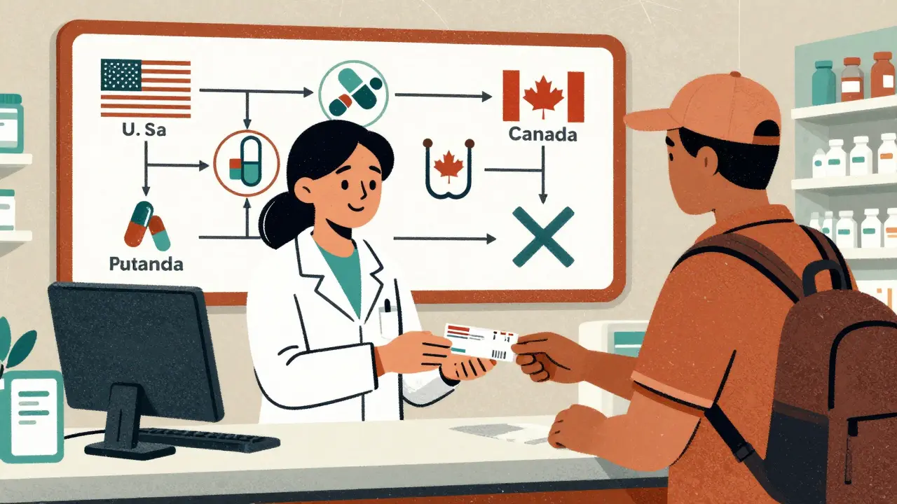 Canadian pharmacist giving new prescription to U.S. traveler, with illustrated regulatory flowchart on the wall behind them.
