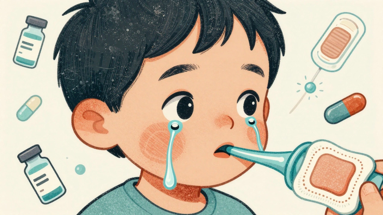 Child with ear tubes draining fluid, surrounded by icons of vaccines and pain relief.