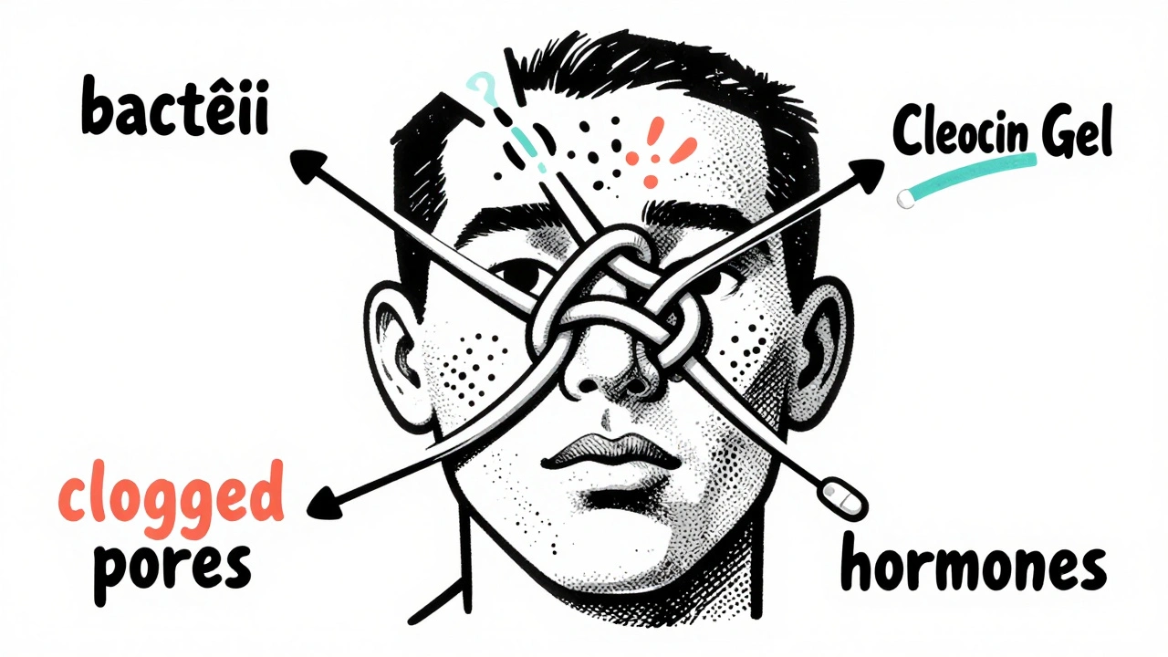 Conceptual knot diagram showing acne causes being addressed by different treatments in vintage medical poster style
