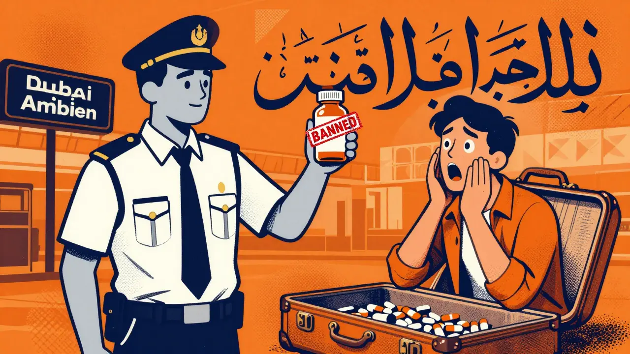 Customs officer stamps banned sleep medication as traveler watches in shock.