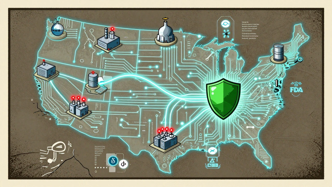 Digital twin map of U.S. drug supply chain with nodes in India, China, and U.S., pulsing data lines and red alerts.