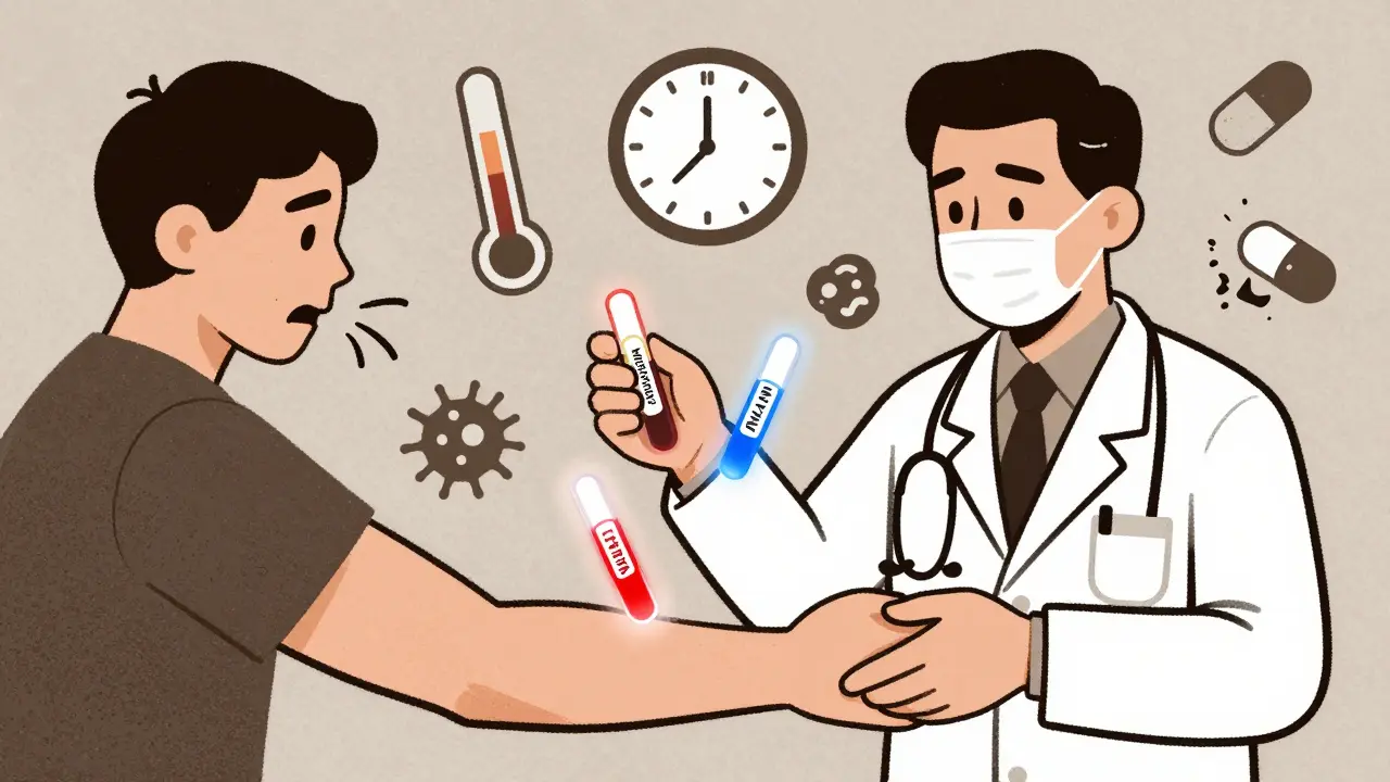 Doctor holding two test strips showing bacterial and viral markers, with medical icons floating around.