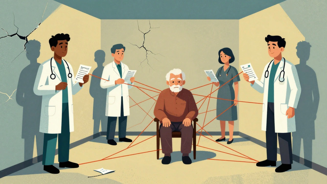 Doctors in separate corners holding prescriptions, with red lines connecting them to an elderly patient in the center.