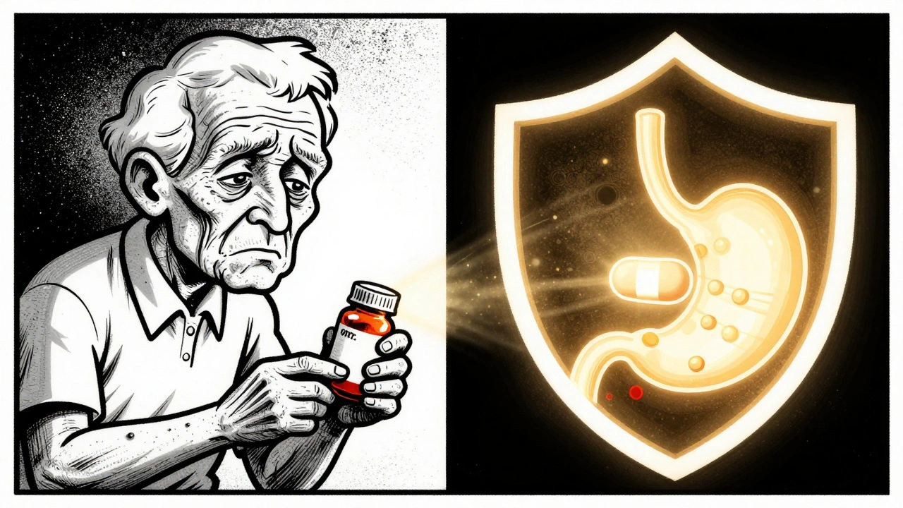 Elderly person holding NSAID bottle, with a glowing PPI pill casting a protective shield over the stomach.
