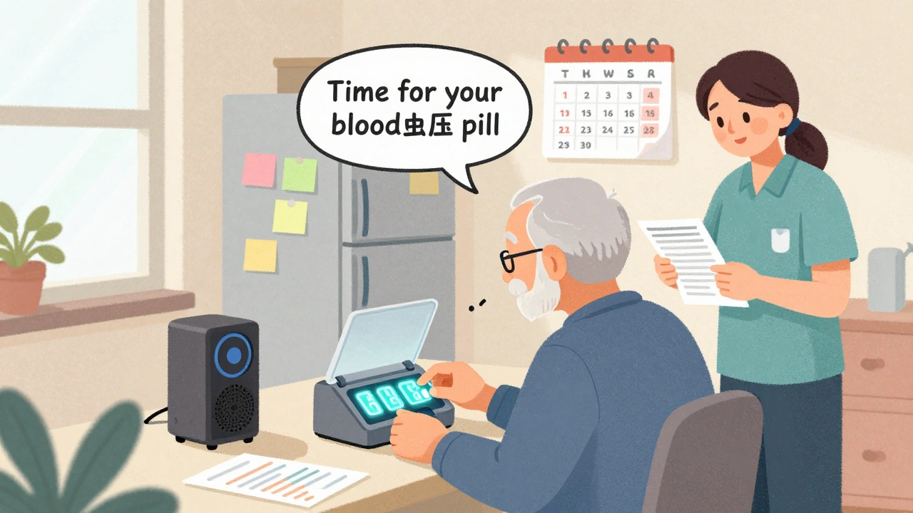 Elderly person receiving a voice reminder from a smart pill dispenser while caregiver checks a whiteboard.