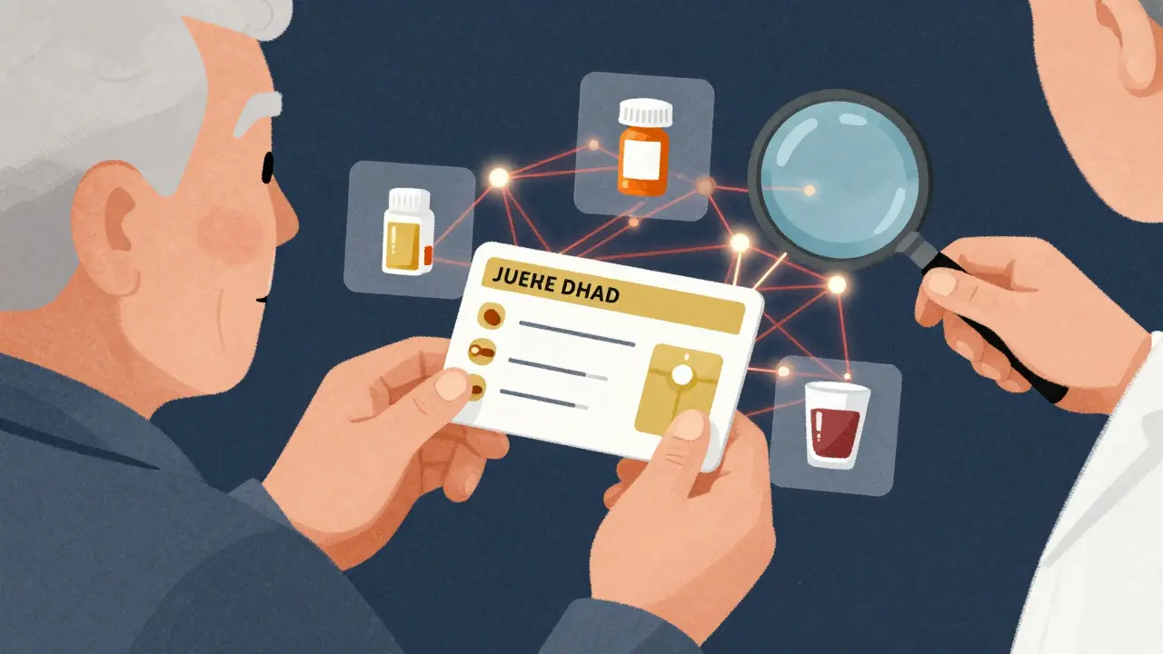 Elderly person with medication card as pharmacist removes dangerous drug interactions