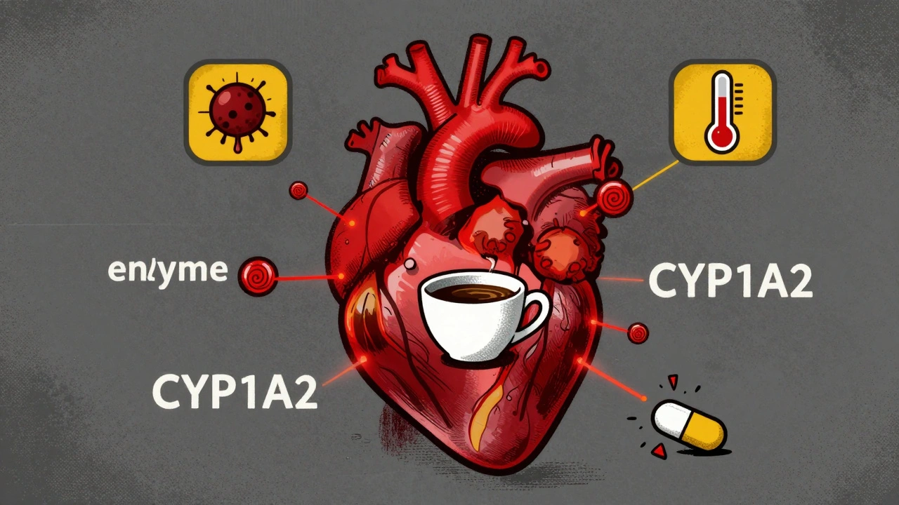 Heart with coffee cup inside, caffeine molecules blocking enzyme pathways.