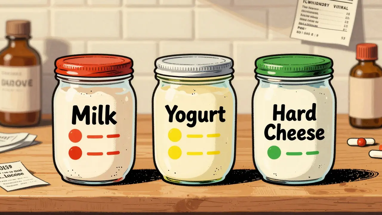 Kitchen counter with three jars of dairy products labeled by tolerance level, bacteria eating lactose in yogurt.