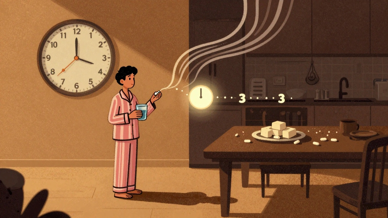 Nighttime dosing of thyroid medication with a 3-hour gap after dinner and no snacks.