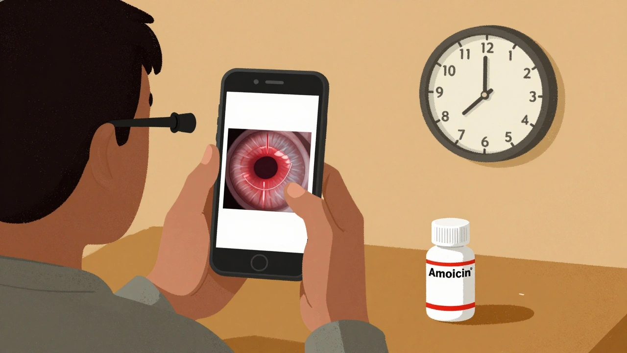 Parent using smartphone otoscope beside amoxicillin bottle, clock showing 48 hours passed.