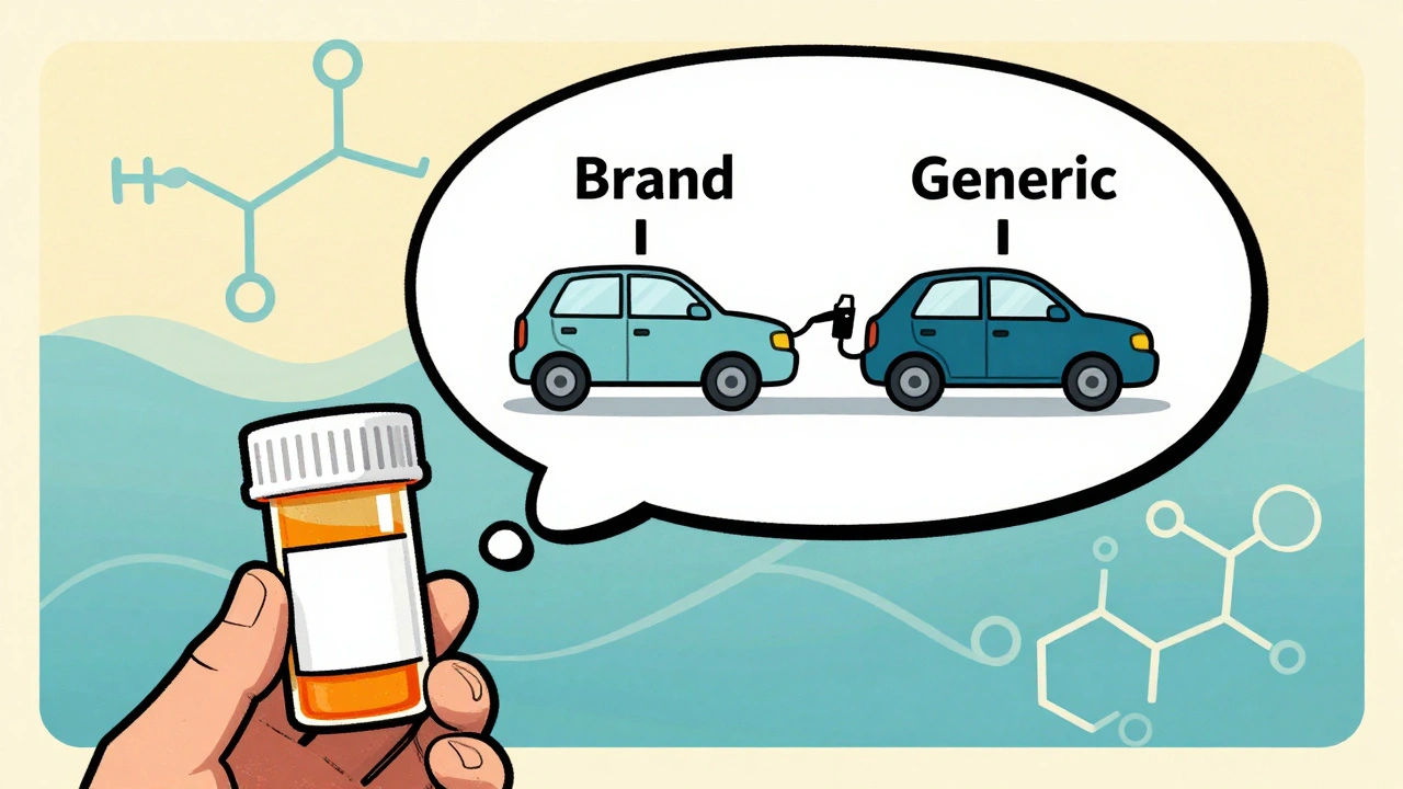 Patient holding a prescription bottle with a thought bubble of two identical cars reaching the same destination.